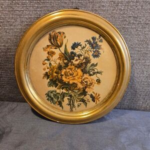 Vintage Borghese Floral Bouquet Round Gold Gilt Framed Wall Art Plaque 9.5 inch